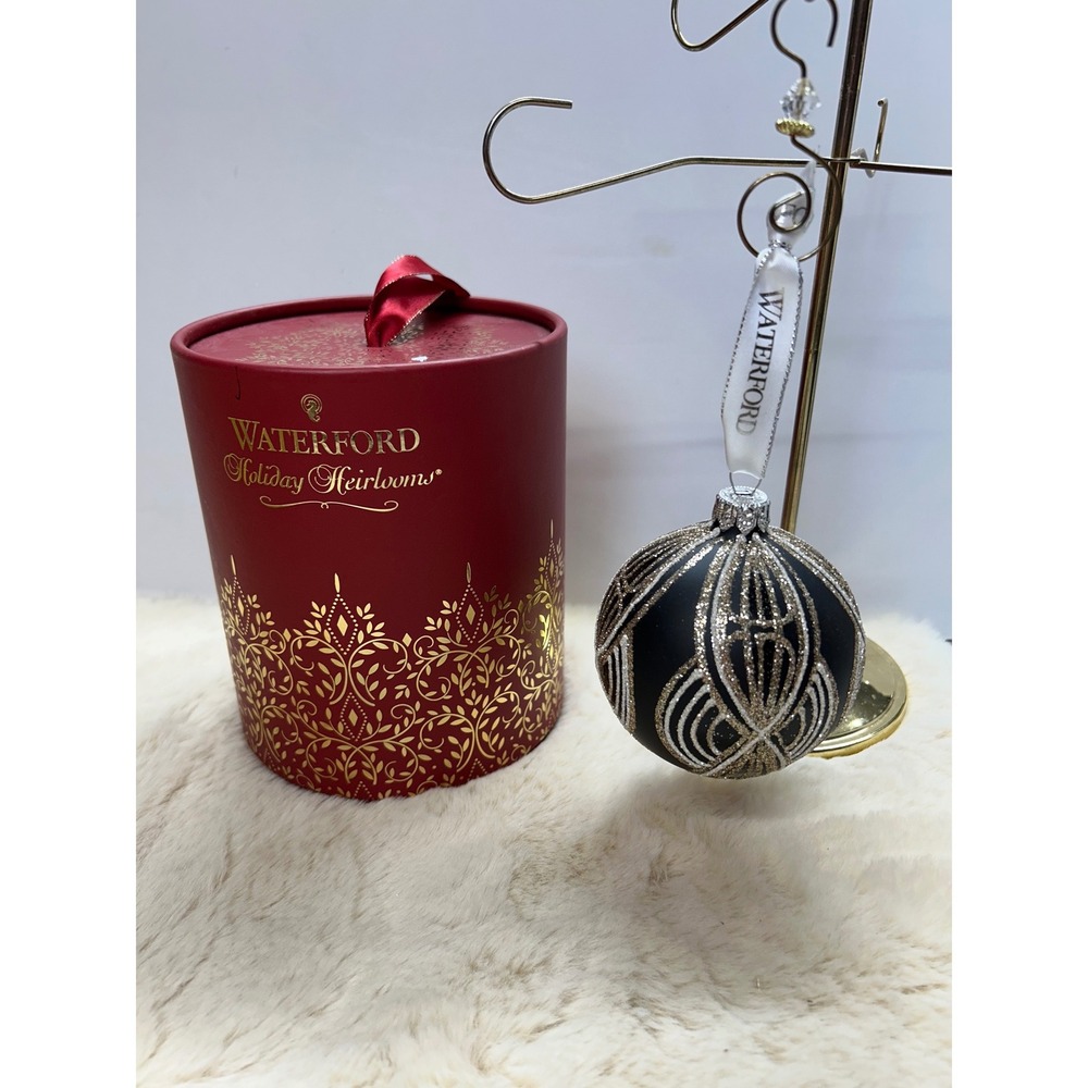 Waterford Holiday Heirlooms Bow Tie Ball Ornament Black‎ Gold Glitter 40010780
